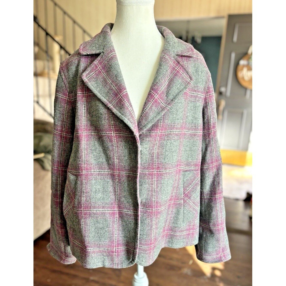 Talbots Wool Blend Gray Pink Plaid Blazer Size‎ 14W Plus Career Academia